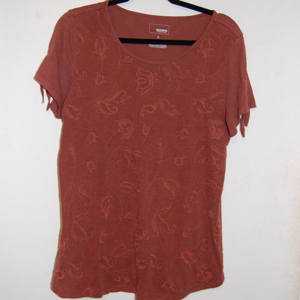 100% cotton, tie sleeve, rust t-shirt